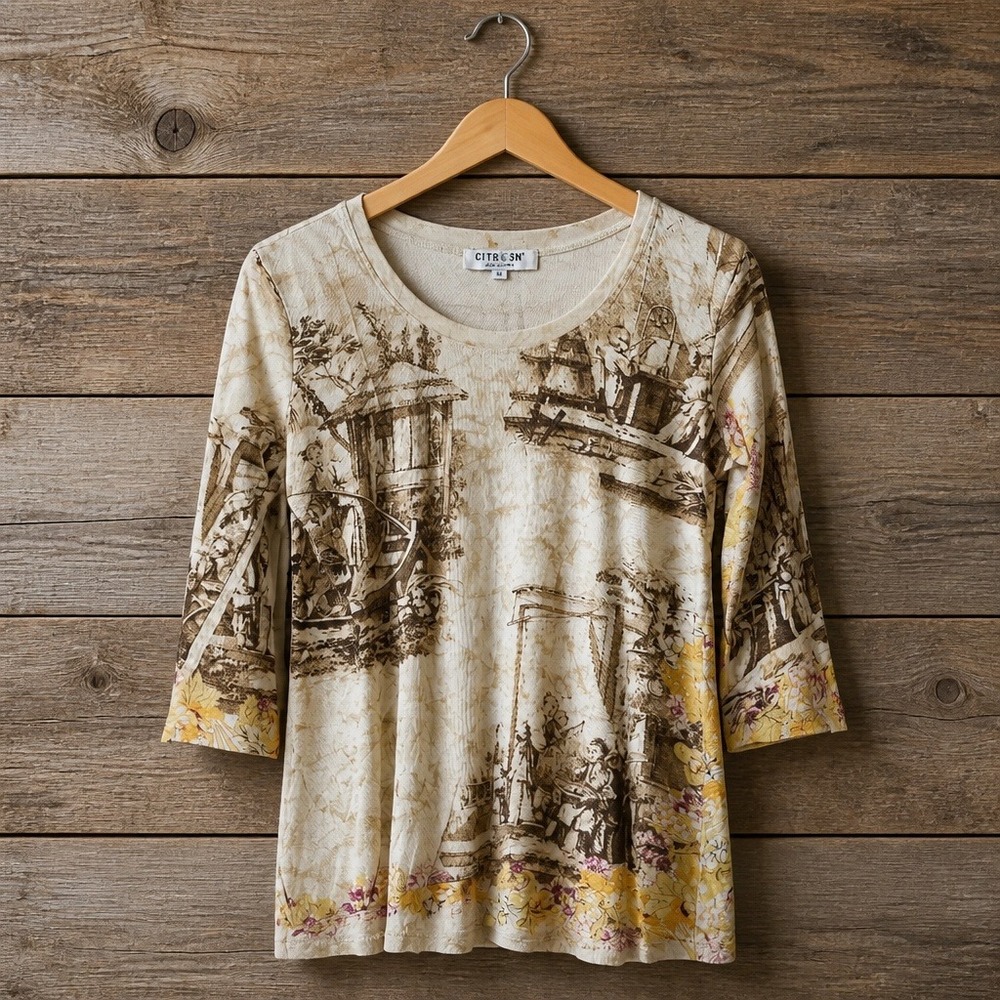 Citron Santa Monica M Vintage Toile Print Silk Cotton Top Cream Brown Yellow Med